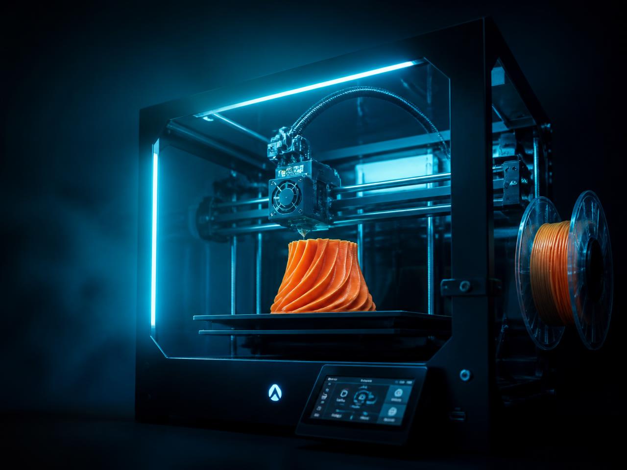 Impressora 3D imprimindo uma peça laranja com iluminação ciano